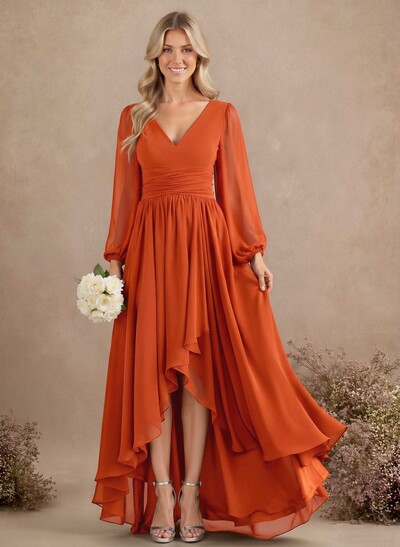A-Line V-Neck Long Sleeves Floor-Length Chiffon Bridesmaid Dresses With Pleated