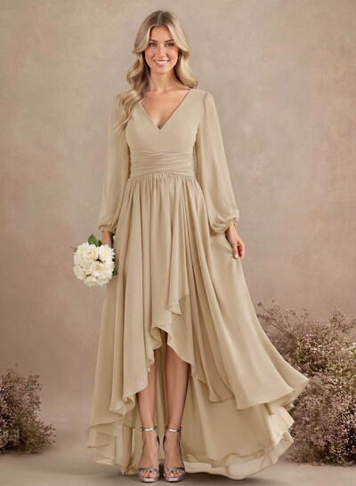 A-Line V-Neck Long Sleeves Floor-Length Chiffon Bridesmaid Dresses With Pleated