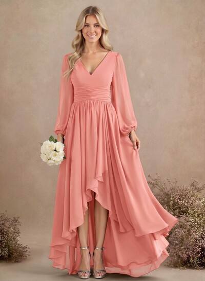 A-Line V-Neck Long Sleeves Floor-Length Chiffon Bridesmaid Dresses With Pleated