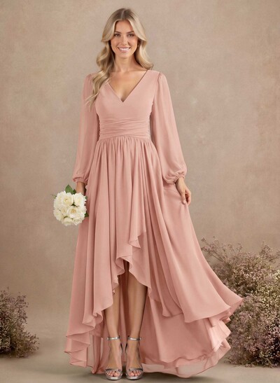 A-Line V-Neck Long Sleeves Floor-Length Chiffon Bridesmaid Dresses With Pleated