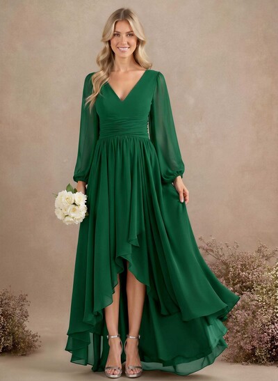 A-Line V-Neck Long Sleeves Floor-Length Chiffon Bridesmaid Dresses With Pleated