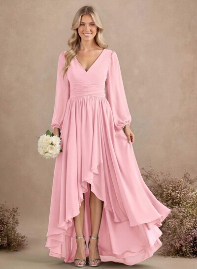 A-Line V-Neck Long Sleeves Floor-Length Chiffon Bridesmaid Dresses With Pleated
