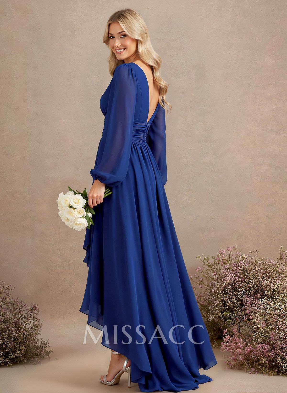 A-Line V-Neck Long Sleeves Floor-Length Chiffon Bridesmaid Dresses With Pleated A-Line V-Neck Long Sleeves Floor-Length Chiffon Bridesmaid Dresses With Pleated