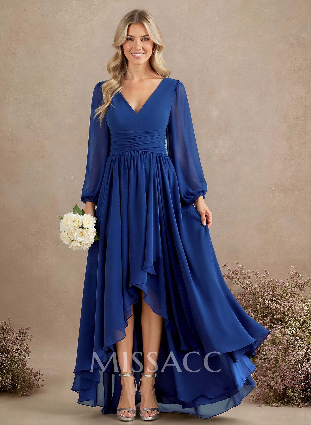A-Line V-Neck Long Sleeves Floor-Length Chiffon Bridesmaid Dresses With Pleated A-Line V-Neck Long Sleeves Floor-Length Chiffon Bridesmaid Dresses With Pleated