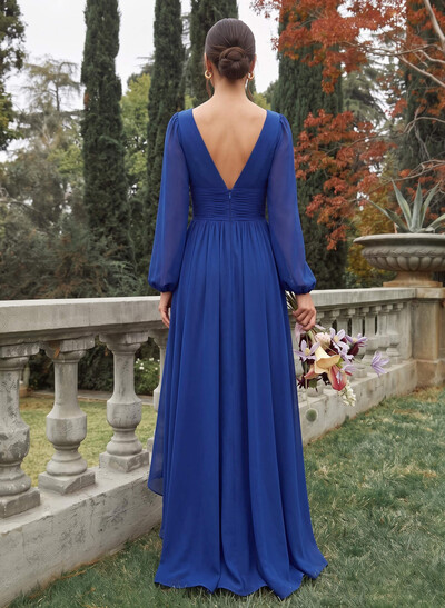 A-Line V-Neck Long Sleeves Floor-Length Chiffon Bridesmaid Dresses With Pleated