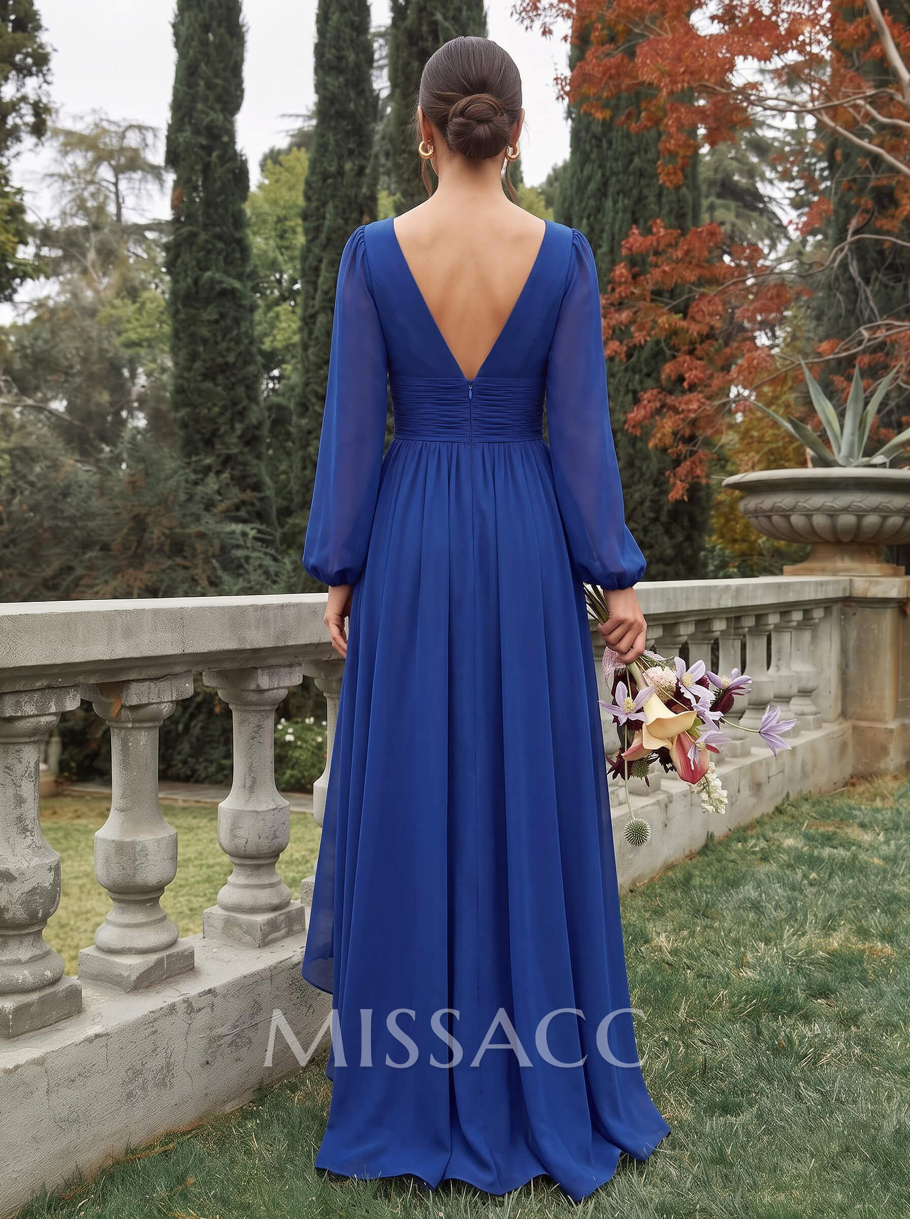 A-Line V-Neck Long Sleeves Floor-Length Chiffon Bridesmaid Dresses With Pleated