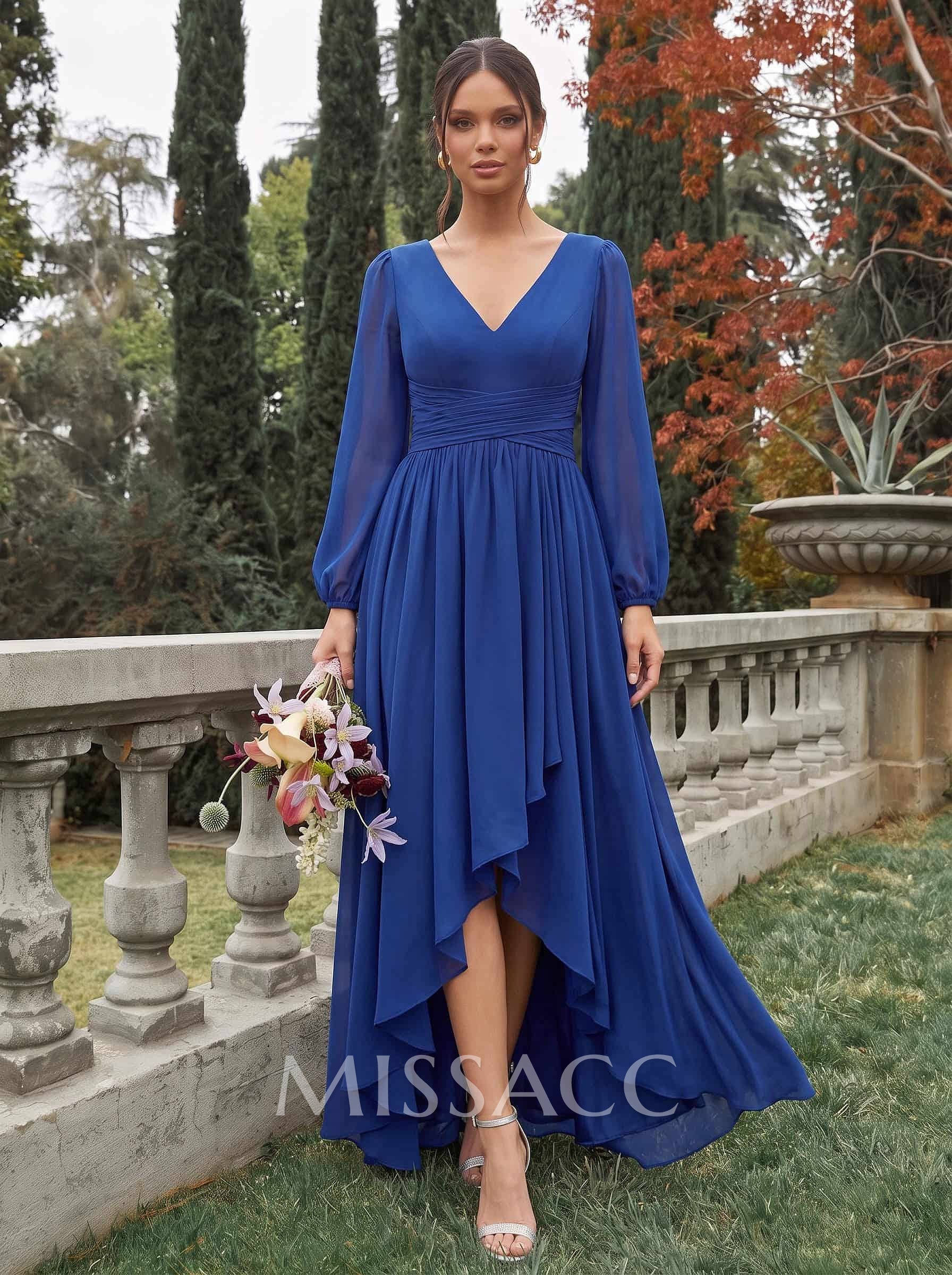 A-Line V-Neck Long Sleeves Floor-Length Chiffon Bridesmaid Dresses With Pleated
