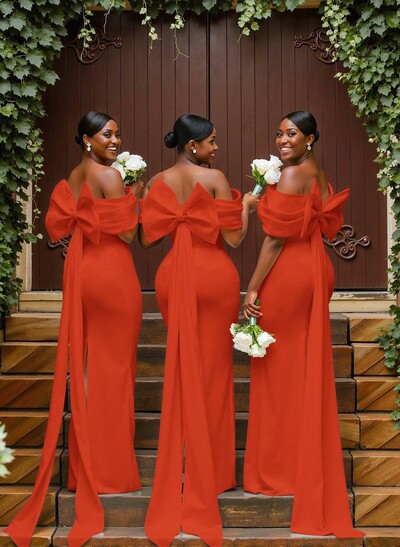 Sheath/Column Off-The-Shoulder Sleeveless Floor-Length Elastic Satin Bridesmaid Dresses