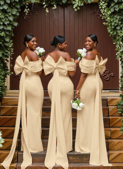 Sheath/Column Off-The-Shoulder Sleeveless Floor-Length Elastic Satin Bridesmaid Dresses