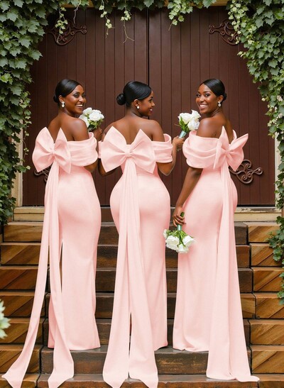 Sheath/Column Off-The-Shoulder Sleeveless Floor-Length Elastic Satin Bridesmaid Dresses