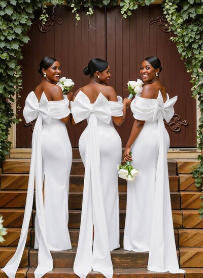 Sheath/Column Off-The-Shoulder Sleeveless Floor-Length Elastic Satin Bridesmaid Dresses