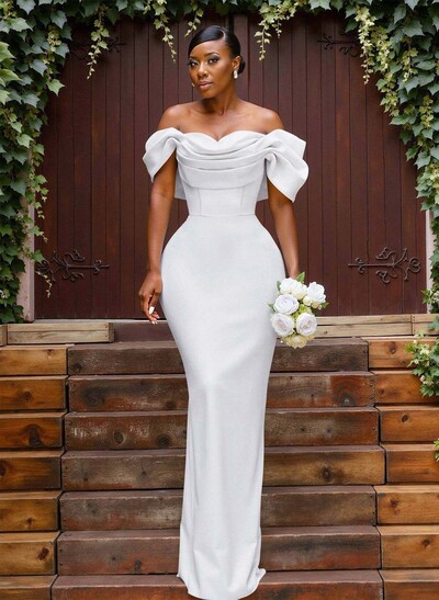 Sheath/Column Off-The-Shoulder Sleeveless Floor-Length Stretch Satin Bridesmaid Dresses With Bow/Pleated