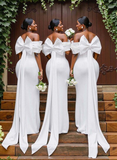 Sheath/Column Off-The-Shoulder Sleeveless Floor-Length Stretch Satin Bridesmaid Dresses With Bow/Pleated