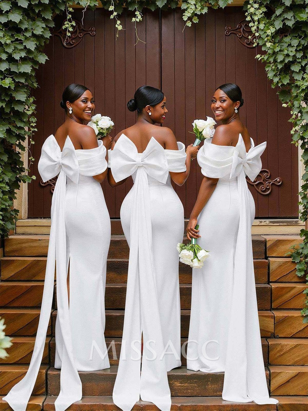 Sheath/Column Off-The-Shoulder Sleeveless Floor-Length Elastic Satin Bridesmaid Dresses With Bow/Pleated