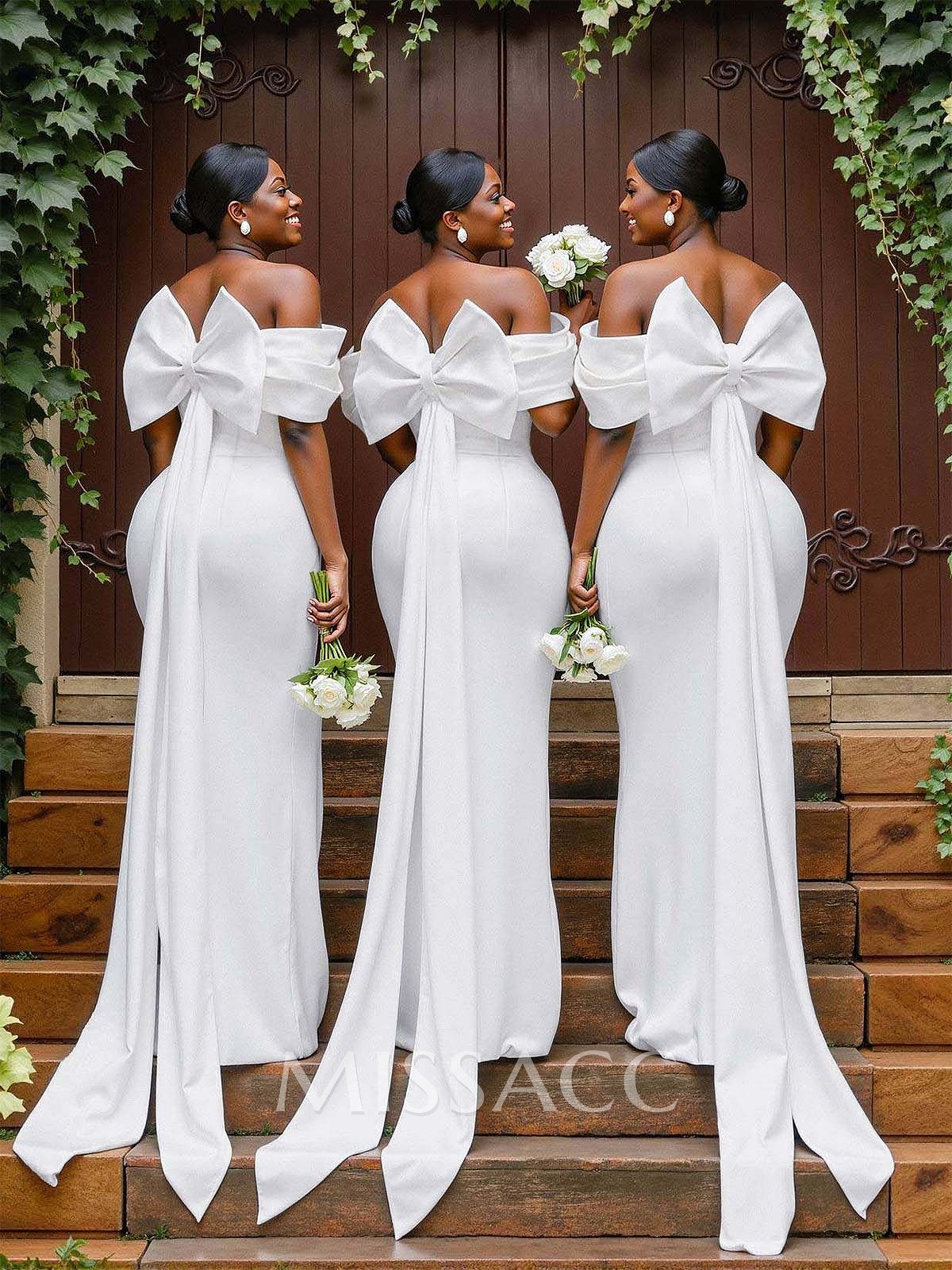Sheath/Column Off-The-Shoulder Sleeveless Floor-Length Elastic Satin Bridesmaid Dresses With Bow/Pleated