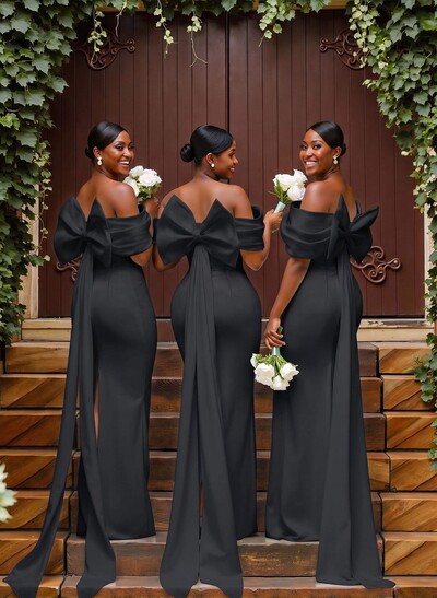 Sheath/Column Off-The-Shoulder Sleeveless Floor-Length Elastic Satin Bridesmaid Dresses With Bow/Pleated