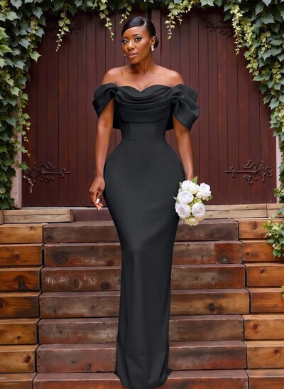 Sheath/Column Off-The-Shoulder Sleeveless Floor-Length Elastic Satin Bridesmaid Dresses With Bow/Pleated