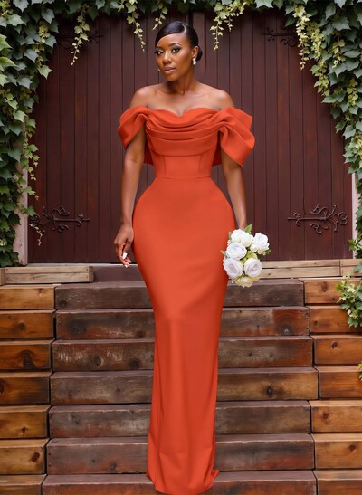 Sheath/Column Off-The-Shoulder Sleeveless Floor-Length Elastic Satin Bridesmaid Dresses With Bow/Pleated