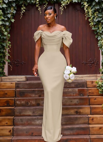 Sheath/Column Off-The-Shoulder Sleeveless Floor-Length Stretch Satin Bridesmaid Dresses With Bow/Pleated