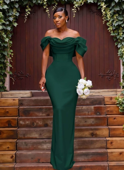 Sheath/Column Off-The-Shoulder Sleeveless Floor-Length Elastic Satin Bridesmaid Dresses With Bow/Pleated