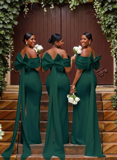 Sheath/Column Off-The-Shoulder Sleeveless Floor-Length Elastic Satin Bridesmaid Dresses With Bow/Pleated