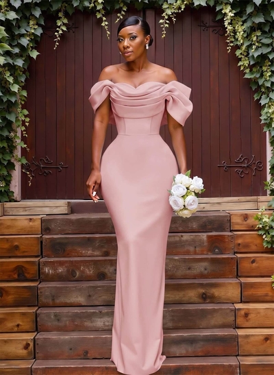 Sheath/Column Off-The-Shoulder Sleeveless Floor-Length Elastic Satin Bridesmaid Dresses With Bow/Pleated