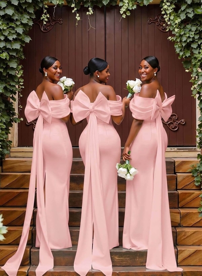 Sheath/Column Off-The-Shoulder Sleeveless Floor-Length Elastic Satin Bridesmaid Dresses With Bow/Pleated