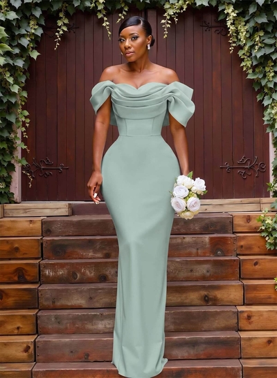 Sheath/Column Off-The-Shoulder Sleeveless Floor-Length Elastic Satin Bridesmaid Dresses With Bow/Pleated