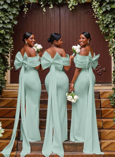 Sheath/Column Off-The-Shoulder Sleeveless Floor-Length Elastic Satin Bridesmaid Dresses With Bow/Pleated