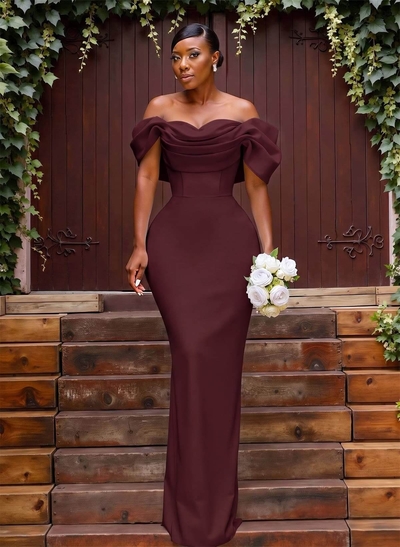 Sheath/Column Off-The-Shoulder Sleeveless Floor-Length Elastic Satin Bridesmaid Dresses With Bow/Pleated