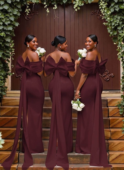 Sheath/Column Off-The-Shoulder Sleeveless Floor-Length Elastic Satin Bridesmaid Dresses With Bow/Pleated