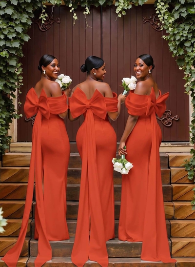 Sheath/Column Off-The-Shoulder Sleeveless Floor-Length Elastic Satin Bridesmaid Dresses With Bow/Pleated