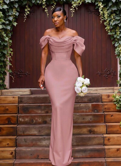Sheath/Column Off-The-Shoulder Sleeveless Floor-Length Elastic Satin Bridesmaid Dresses With Bow/Pleated