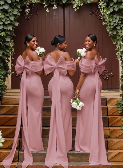 Sheath/Column Off-The-Shoulder Sleeveless Floor-Length Elastic Satin Bridesmaid Dresses With Bow/Pleated