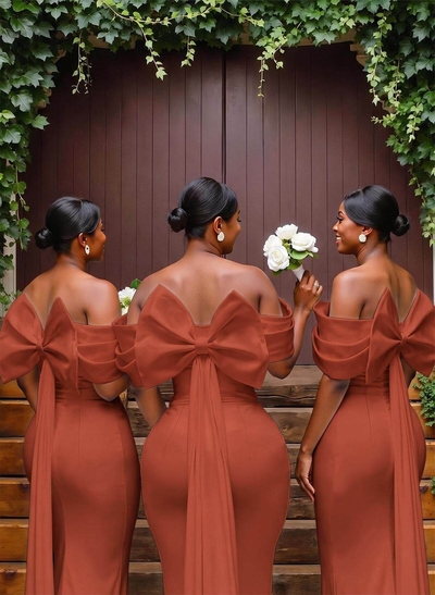 Sheath/Column Off-The-Shoulder Sleeveless Floor-Length Elastic Satin Bridesmaid Dresses With Bow/Pleated