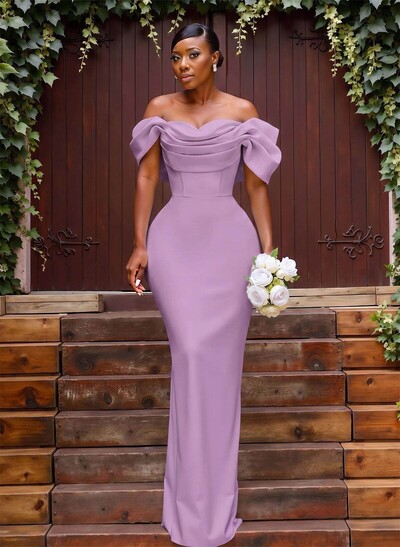 Sheath/Column Off-The-Shoulder Sleeveless Floor-Length Elastic Satin Bridesmaid Dresses With Bow/Pleated