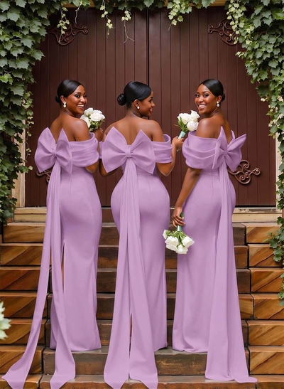 Sheath/Column Off-The-Shoulder Sleeveless Floor-Length Elastic Satin Bridesmaid Dresses With Bow/Pleated