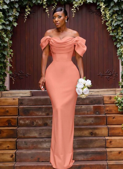 Sheath/Column Off-The-Shoulder Sleeveless Floor-Length Elastic Satin Bridesmaid Dresses With Bow/Pleated