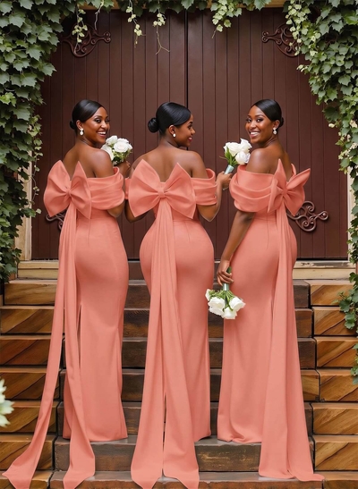 Sheath/Column Off-The-Shoulder Sleeveless Floor-Length Elastic Satin Bridesmaid Dresses With Bow/Pleated