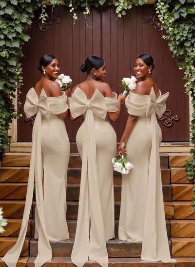Sheath/Column Off-The-Shoulder Sleeveless Floor-Length Stretch Satin Bridesmaid Dresses With Bow/Pleated