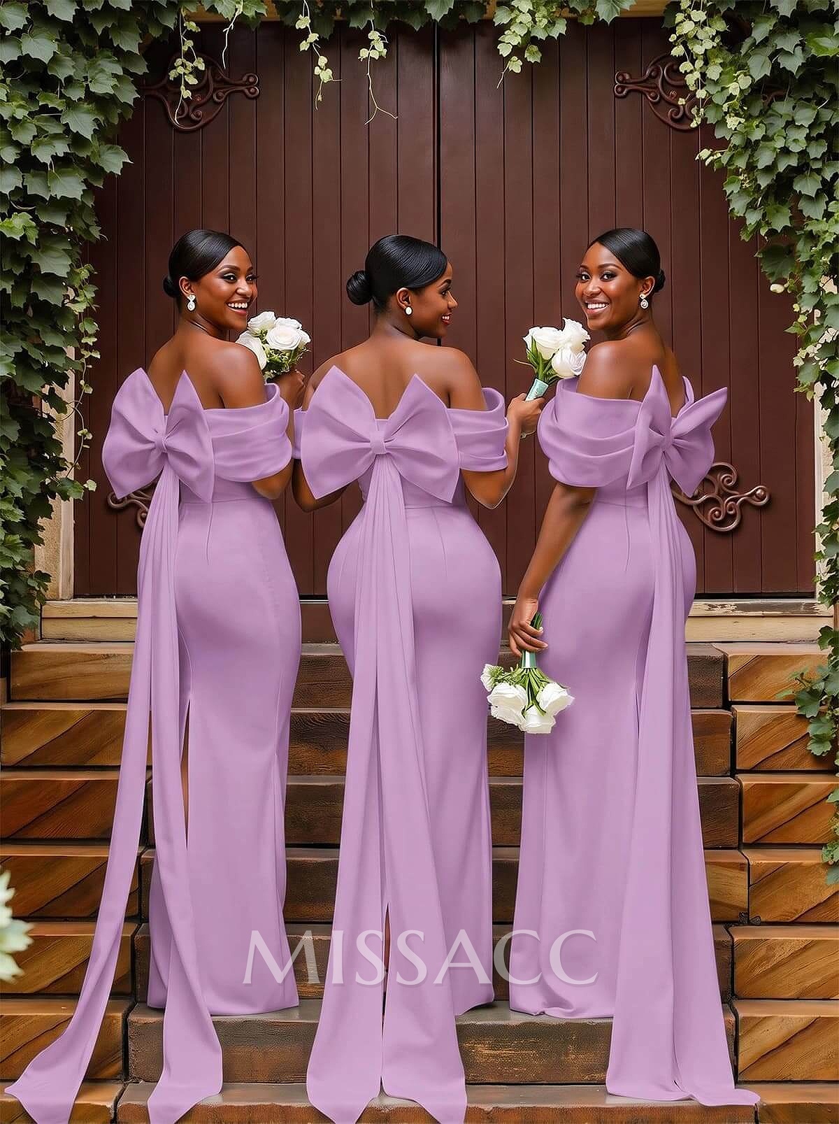 Sheath/Column Off-The-Shoulder Sleeveless Floor-Length Elastic Satin Bridesmaid Dresses With Bow/Pleated
