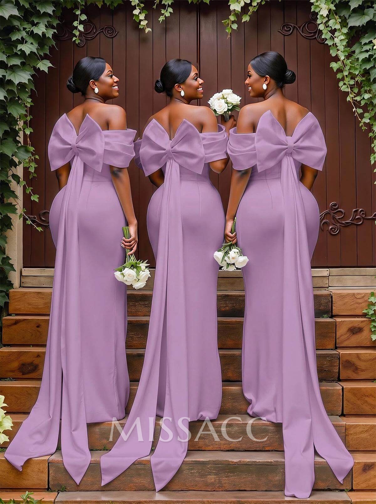 Sheath/Column Off-The-Shoulder Sleeveless Floor-Length Elastic Satin Bridesmaid Dresses With Bow/Pleated