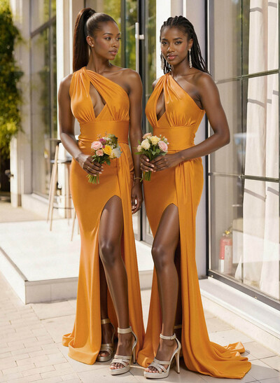 Sheath/Column One-Shoulder Sleeveless Sweep Train Elastic Satin Bridesmaid Dresses With High Split