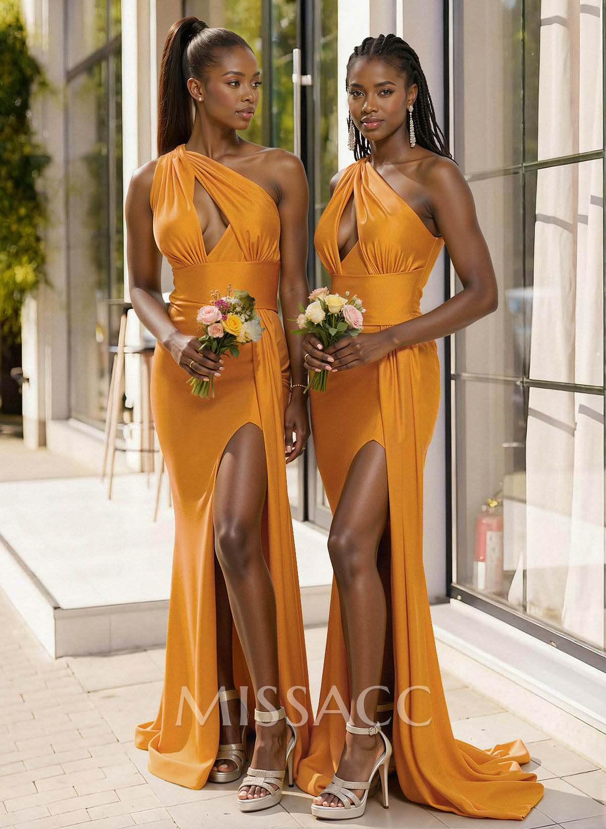 Sheath/Column One-Shoulder Sleeveless Sweep Train Elastic Satin Bridesmaid Dresses With High Split