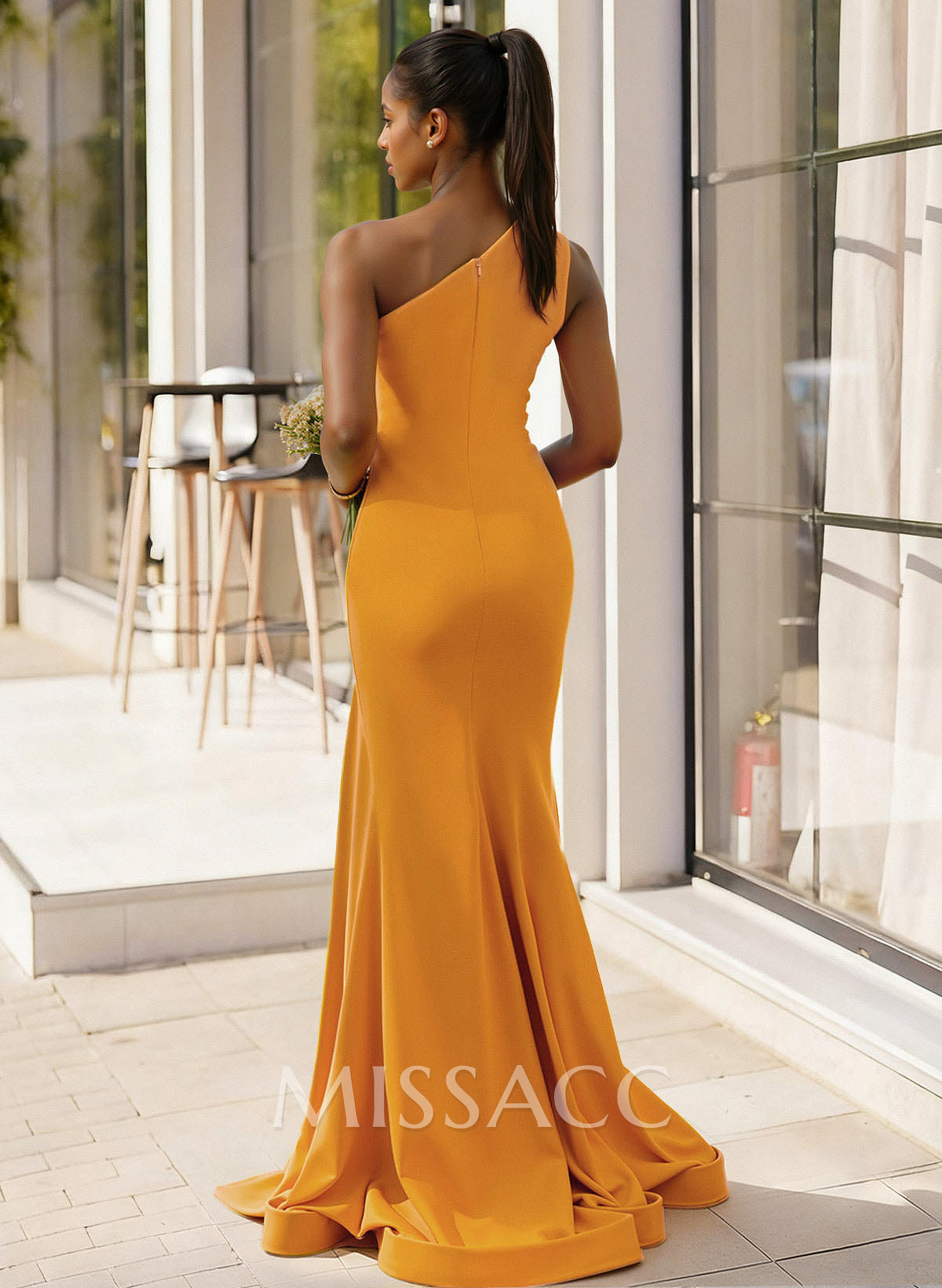 Sheath/Column One-Shoulder Sleeveless Sweep Train Elastic Satin Bridesmaid Dresses With High Split