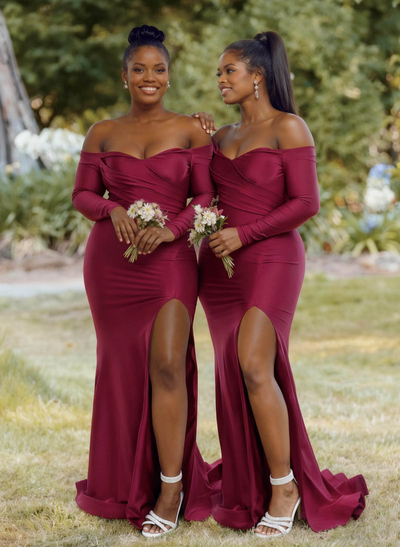 Sheath/Column Off-The-Shoulder Long Sleeves Sweep Train Stretch Satin Bridesmaid Dresses With High Split