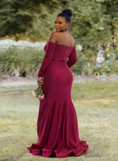 Sheath/Column Off-The-Shoulder Long Sleeves Sweep Train Stretch Satin Bridesmaid Dresses With High Split