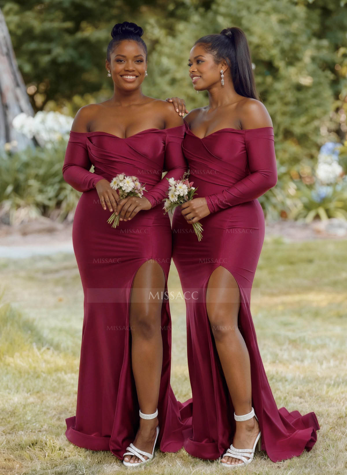 Sheath/Column Off-The-Shoulder Long Sleeves Sweep Train Stretch Satin Bridesmaid Dresses With High Split