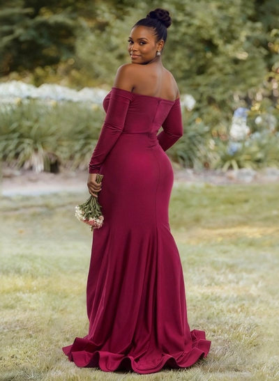 Sheath/Column Off-The-Shoulder Long Sleeves Sweep Train Stretch Satin Bridesmaid Dresses With High Split