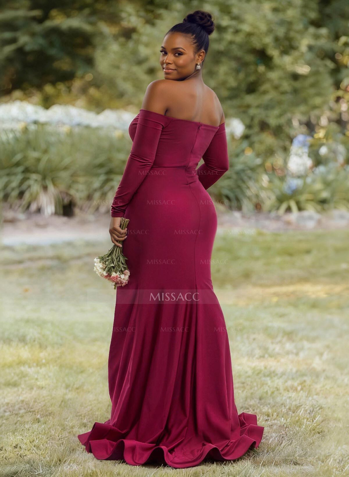 Sheath/Column Off-The-Shoulder Long Sleeves Sweep Train Stretch Satin Bridesmaid Dresses With High Split